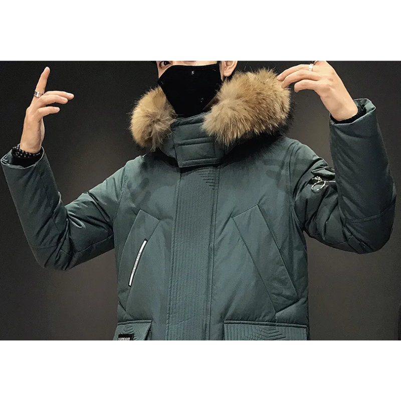 Herren Parka Winterjacke mit Fellkapuze und langen Ärmeln