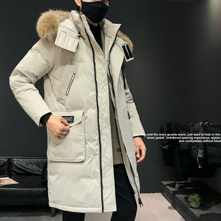 Herren Parka Winterjacke mit Fellkapuze und langen Ärmeln