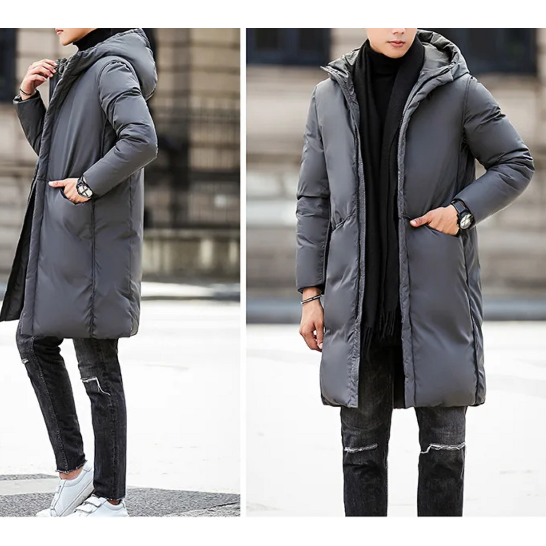 Herren Parka Winterjacke lang geschnitten mit Kapuze und Taschen