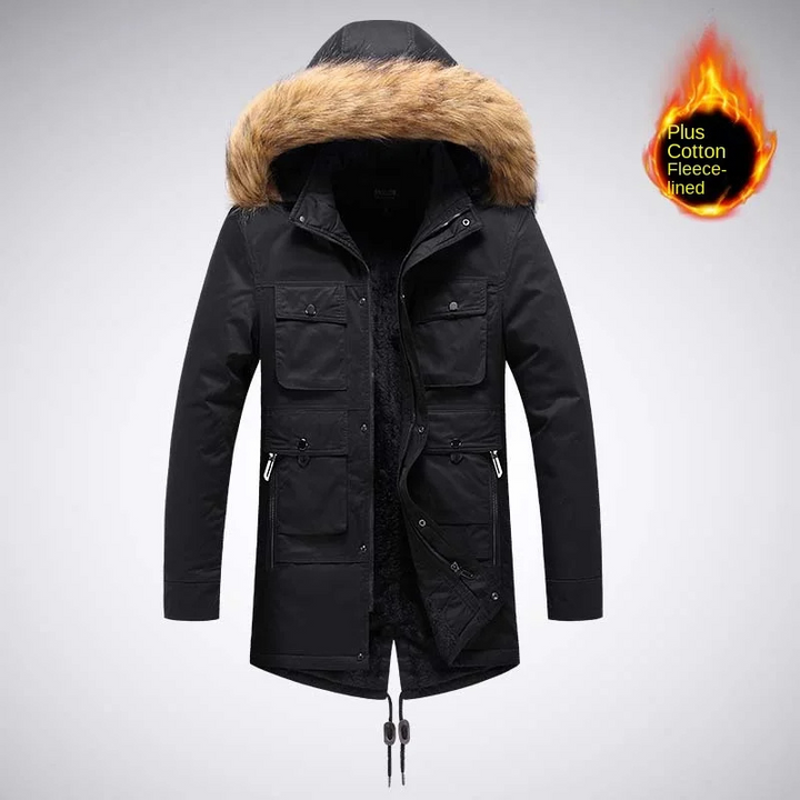 Herren Parka Winterjacke mit Fellkapuze und Fleece-Innenfutter