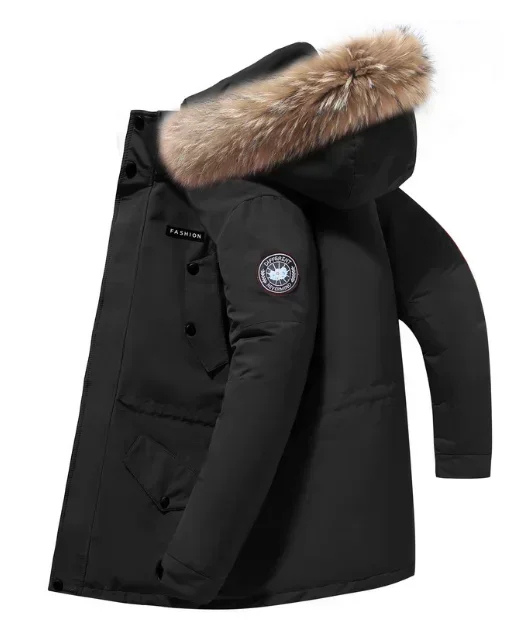 Herren Parka Winterjacke mit Fellkapuze und Knopfverschluss