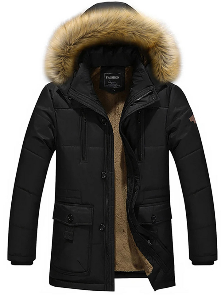 Herren Parka Winterjacke mit Fellkapuze und Fleece-Futter