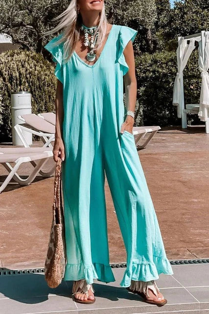 Gerüschter Jumpsuit mit weitem Bein