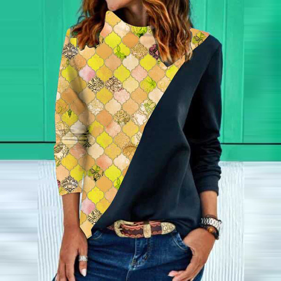 Women’s Geometric Design Langarm Bluse mit gerundetem Kragen