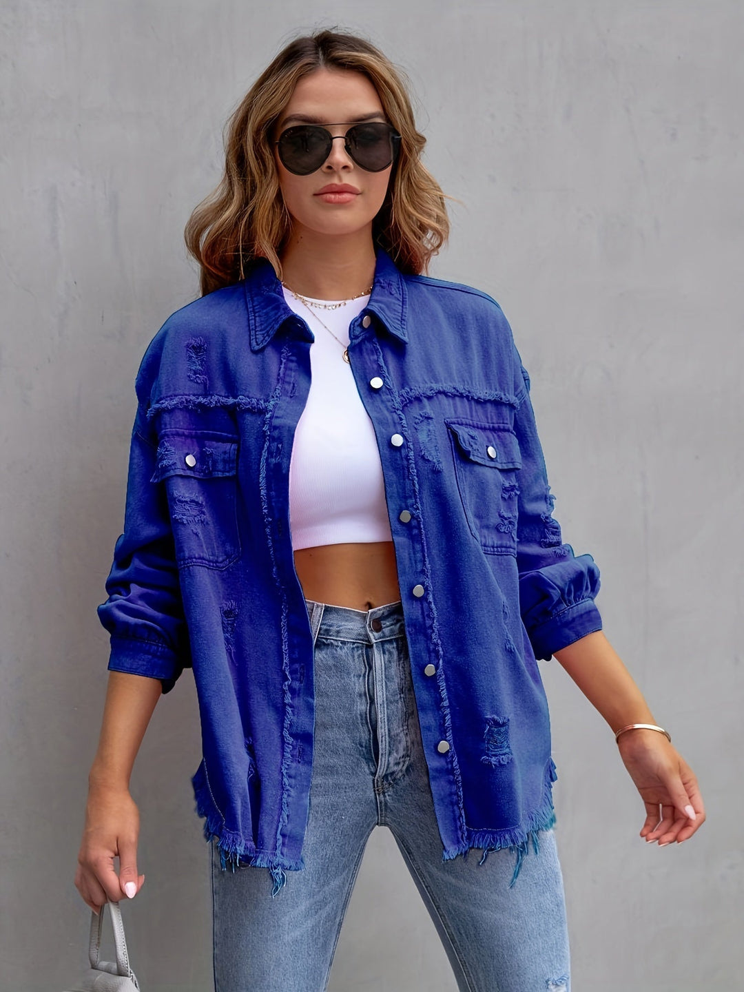 Übergroße Jeansjacke - Boho - Nicht elastisch, Unifarben, Knopfverschluss - Ideal für alle Jahreszeiten