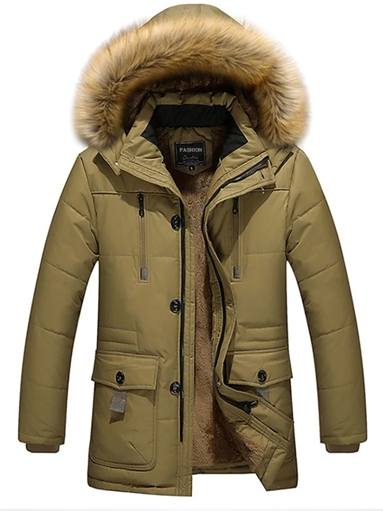 Herren Parka Winterjacke mit Fellkapuze und Fleece-Futter