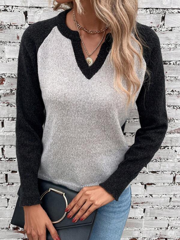 Bequemer Pullover mit V-Ausschnitt und Colour Block