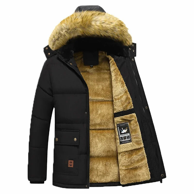 Herren Parka Winterjacke mit Fellkapuze und Fleece-Innenfutter