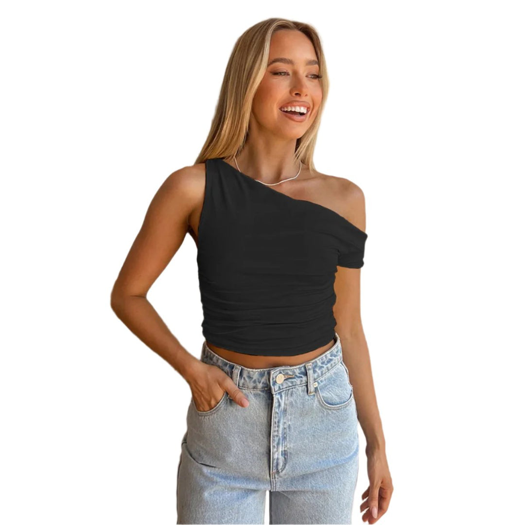 Asymmetrisches schulterfreies Crop-Top