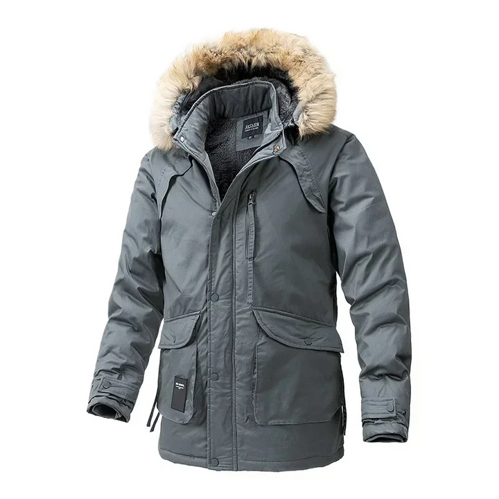 Herren Parka Winterjacke mit Fellkapuze und Reißverschlusstaschen