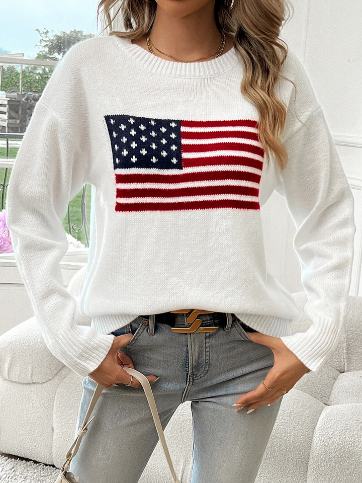 Lässiger Strickpullover mit amerikanischem Flaggenaufdruck - Damenpullover