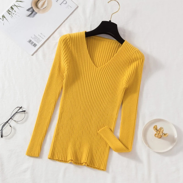 Schmal geschnittener Pullover mit geripptem V-Ausschnitt für einen schicken Look