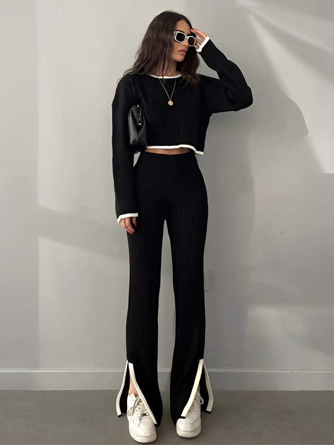 Trendiges Crop pullover mit hoher Taille hose