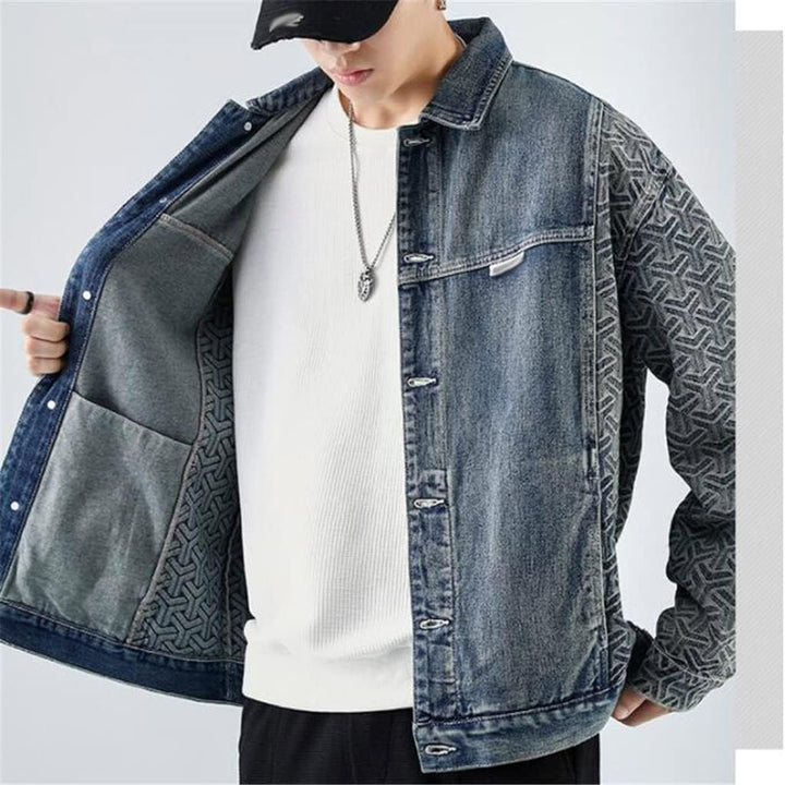 Jeansjacke mit gemusterten Ärmeln