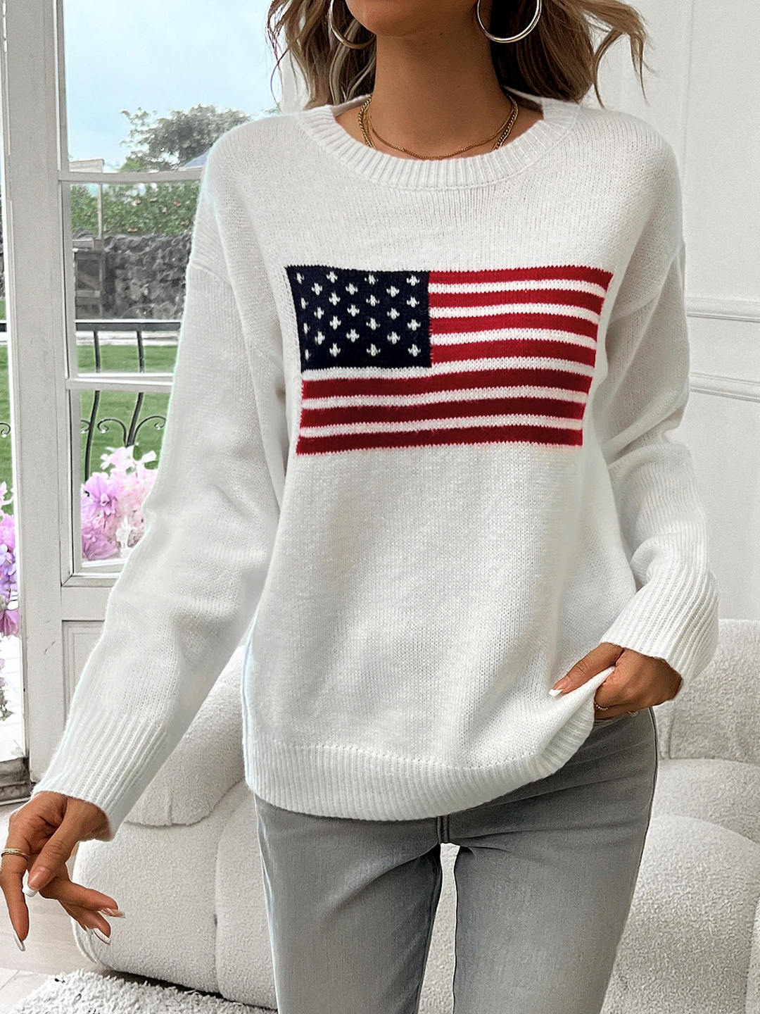 Lässiger Strickpullover mit amerikanischem Flaggenaufdruck - Damenpullover