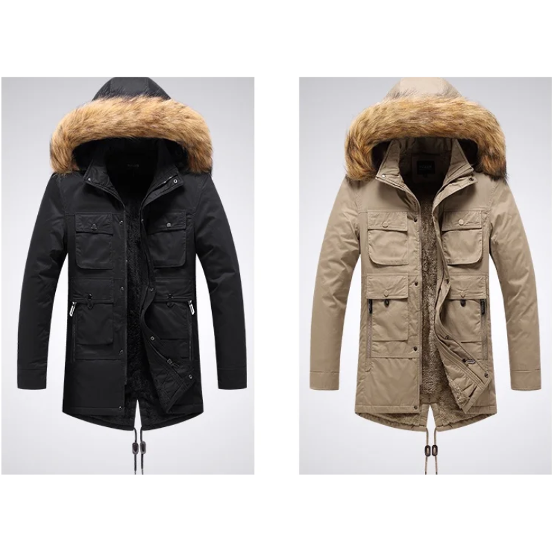 Herren Parka Winterjacke mit Fellkapuze und Fleece-Innenfutter