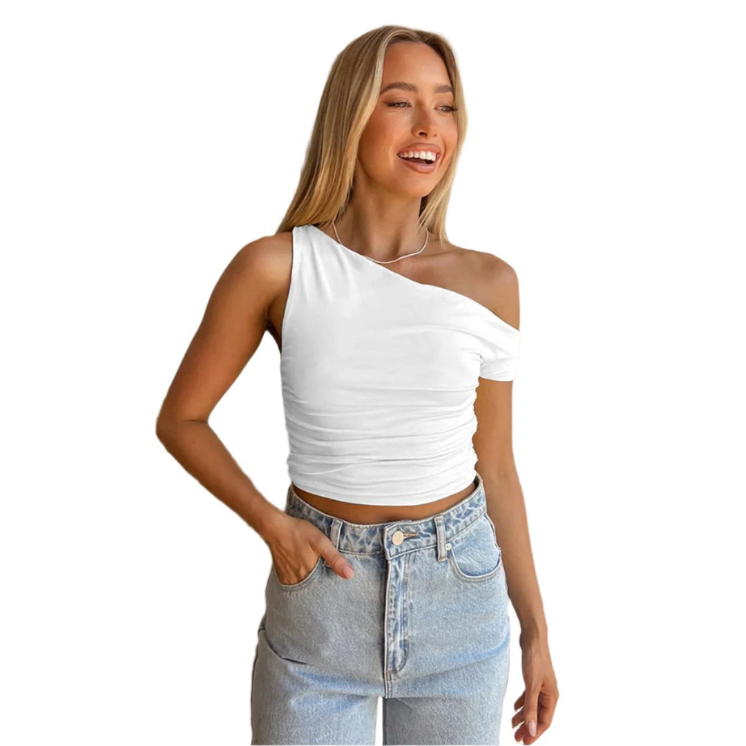 Asymmetrisches schulterfreies Crop-Top