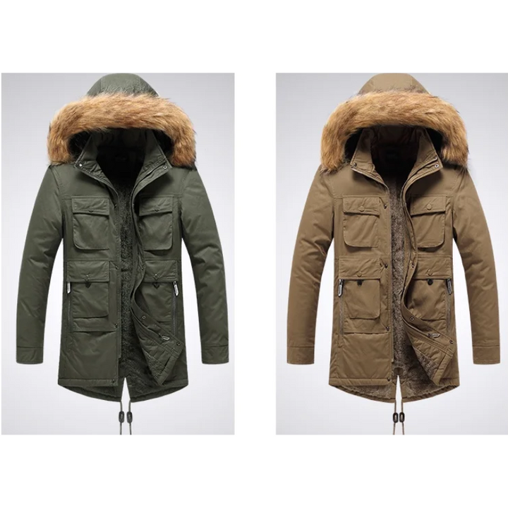 Herren Parka Winterjacke mit Fellkapuze und Fleece-Innenfutter