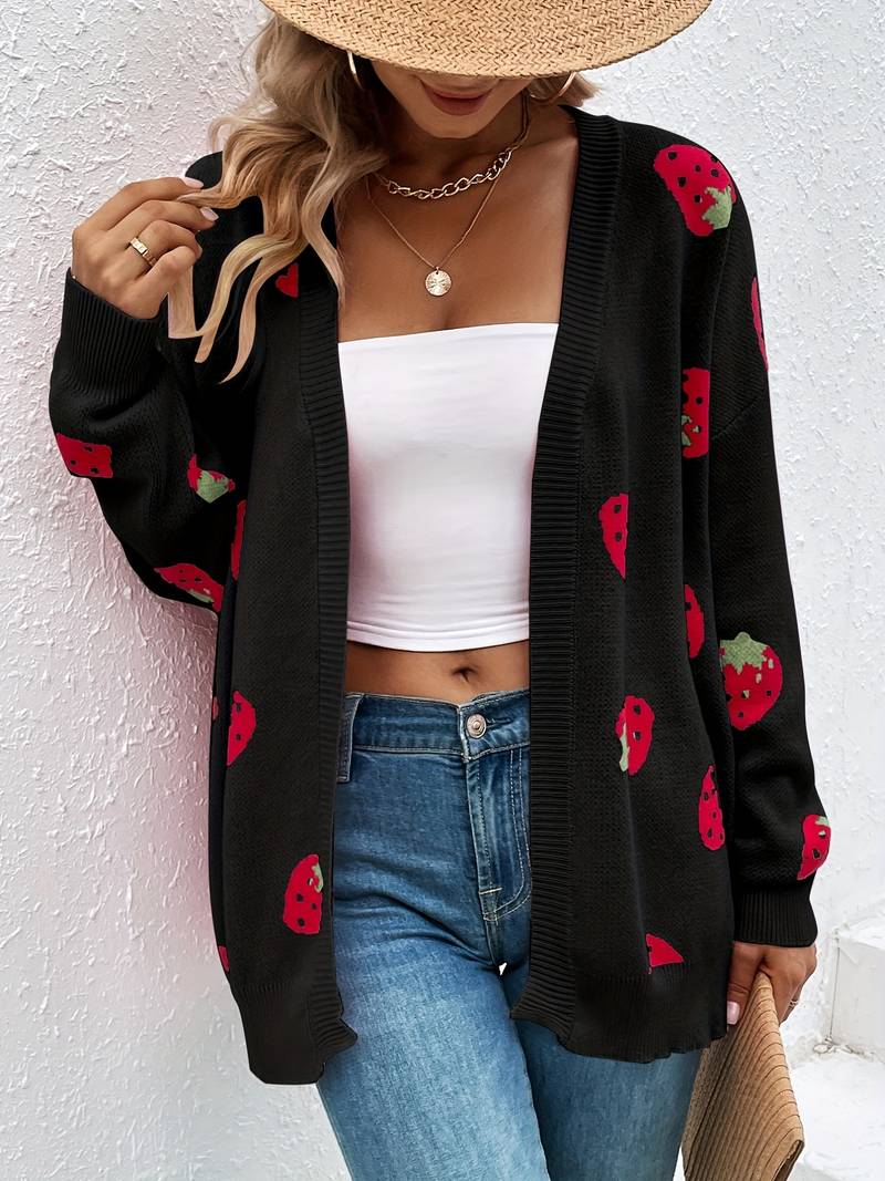 Stilvoller Cardigan mit langen Ärmeln und Erdbeer-Print für Herbst und Frühling