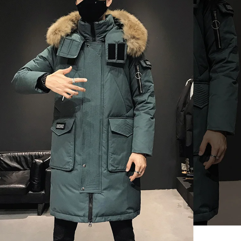 Herren Parka Winterjacke mit Fellkapuze und langen Ärmeln