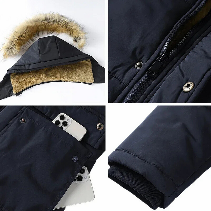 Herren Parka Winterjacke mit Fellkapuze und Fleece-Innenfutter