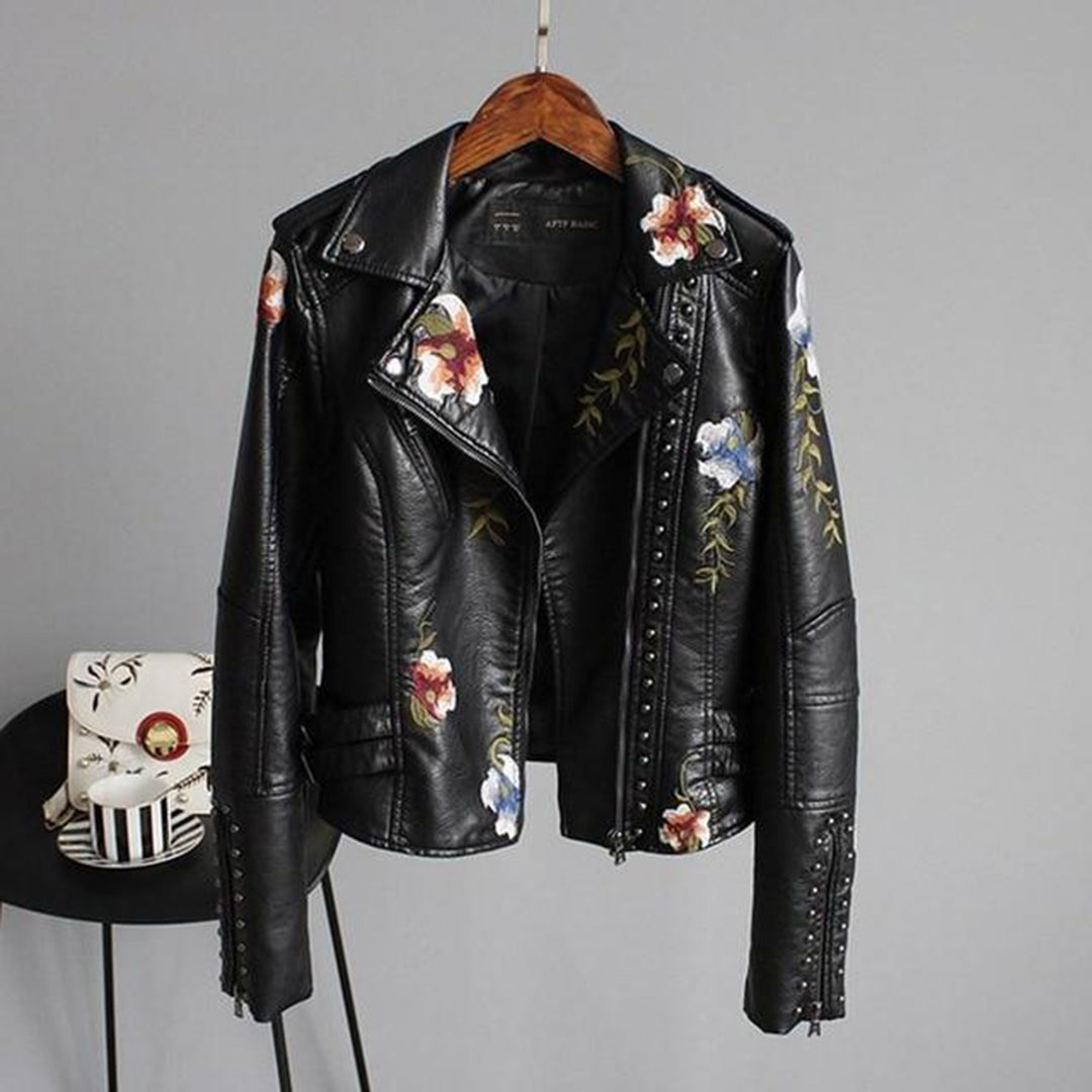 Modische Kunstlederjacke mit Blumenmuster