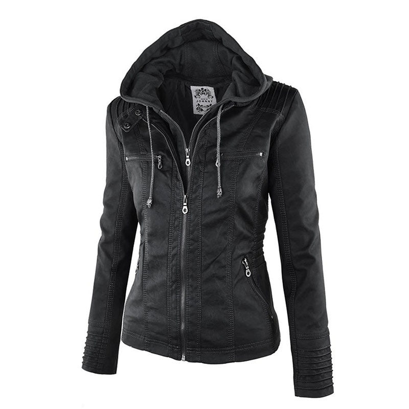 Lederimitat Mantel - Damen Kapuzenjacke: Basic PU-Jacke