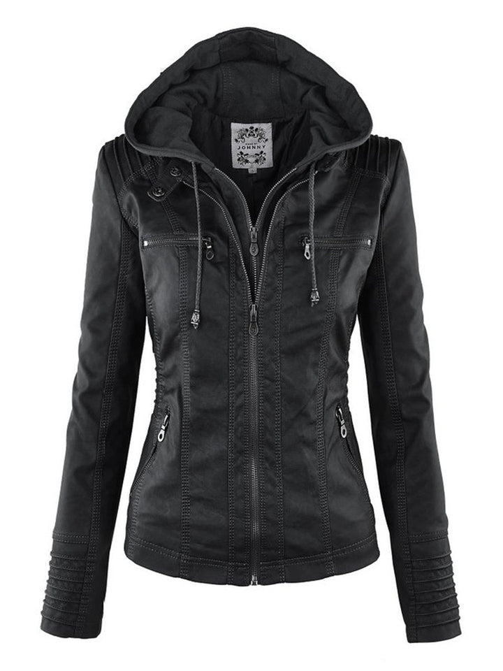 Lederimitat Mantel - Damen Kapuzenjacke: Basic PU-Jacke