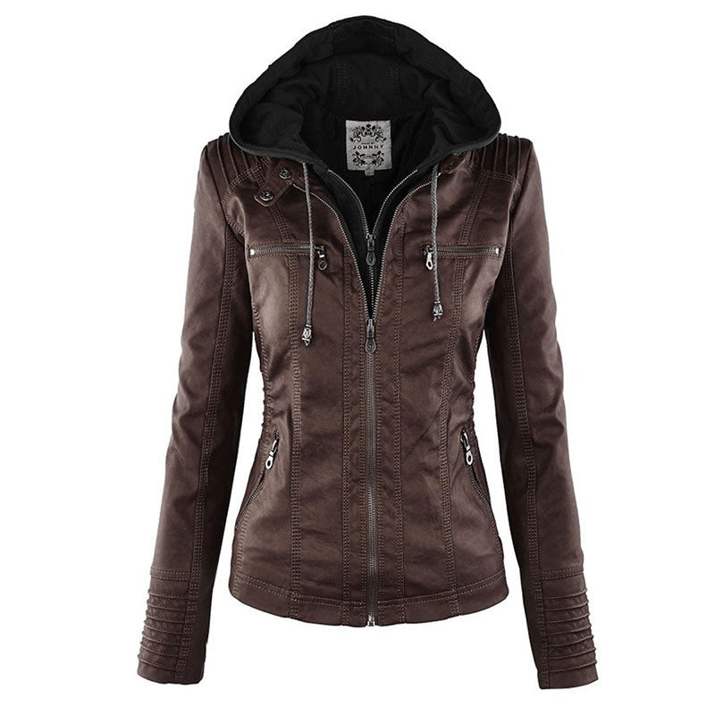 Lederimitat Mantel - Damen Kapuzenjacke: Basic PU-Jacke