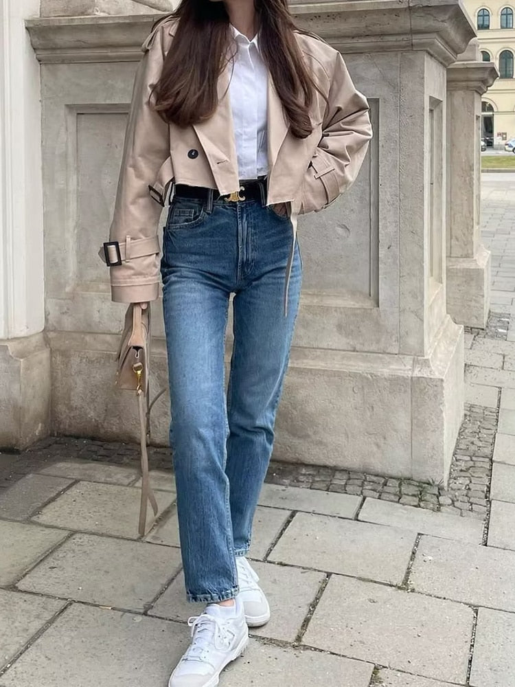 Damenmode mit Gürtel Oversized Cropped Trenchcoat