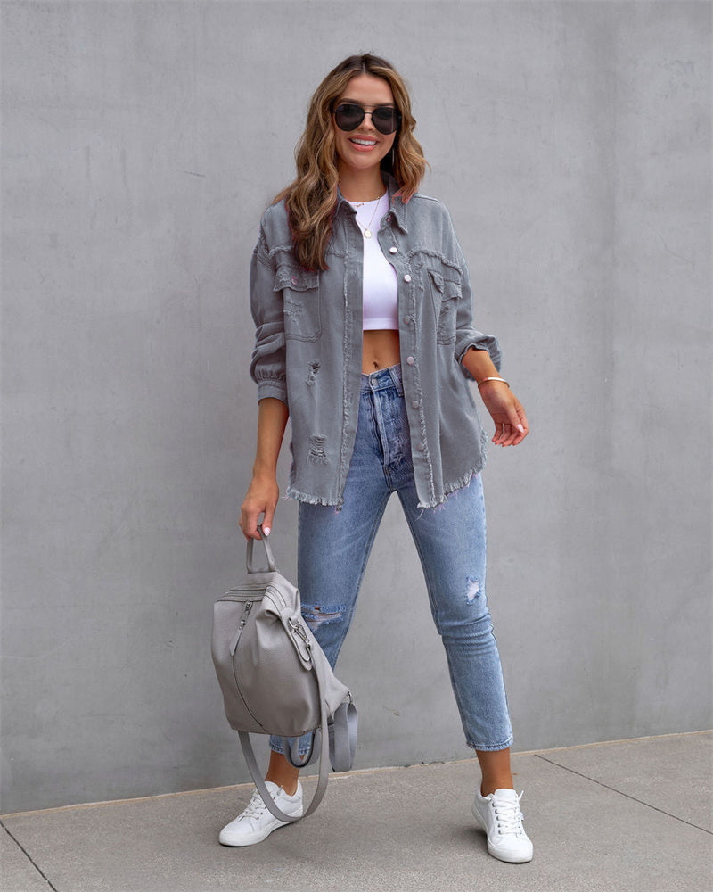 Lässiges Shirt-Style Jeancoat mit Löchern