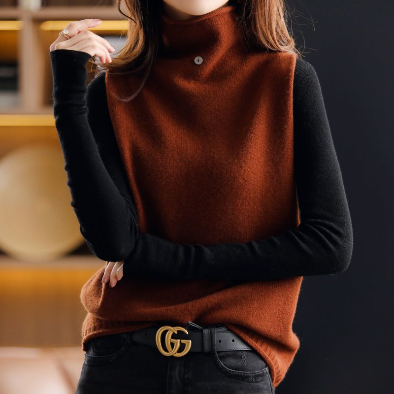 Damen Vintage Turtleneck Weste - Solide lockere ärmellose Strickweste