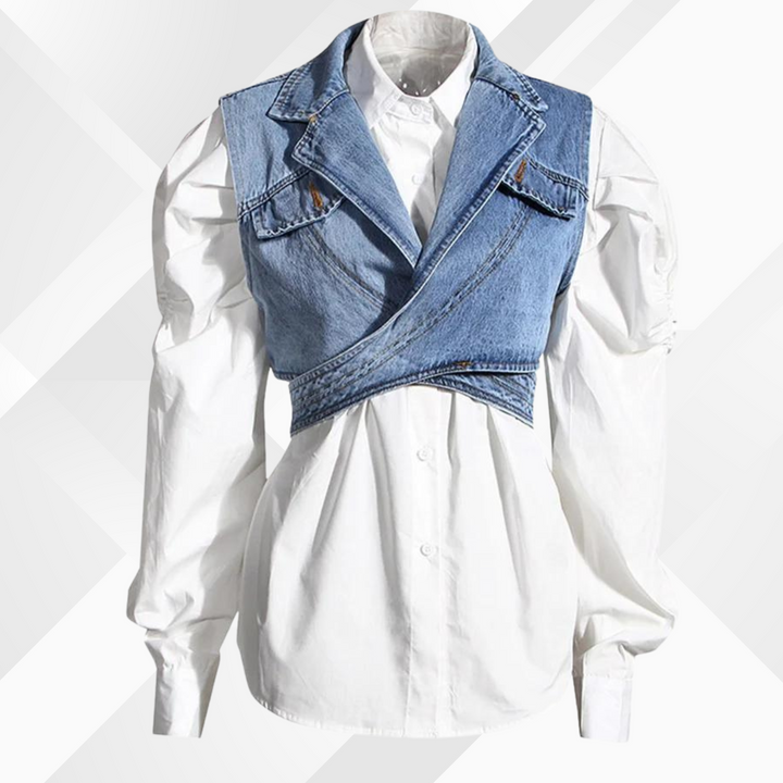 Denim-Weste und Bluse mit Puffärmel