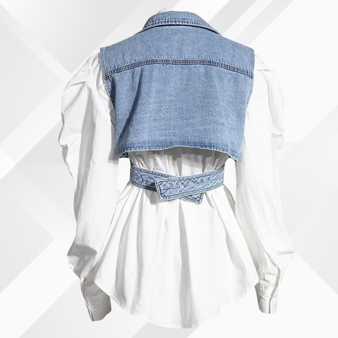 Denim-Weste und Bluse mit Puffärmel