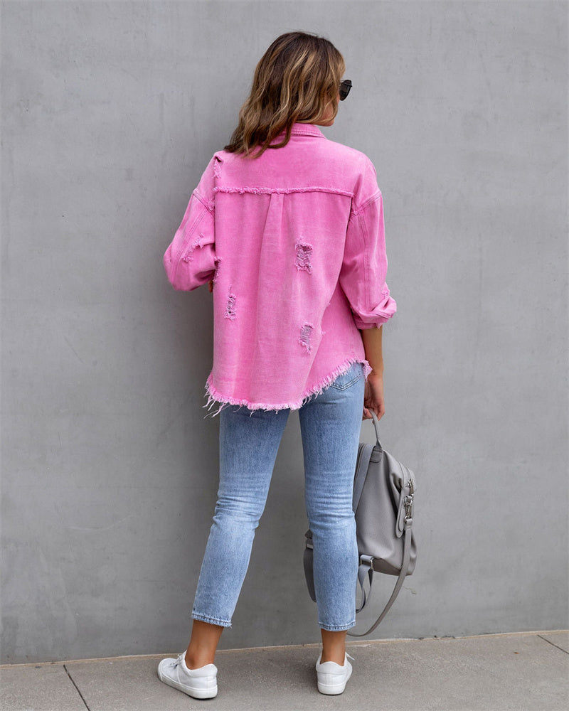 Lässiges Shirt-Style Jeancoat mit Löchern