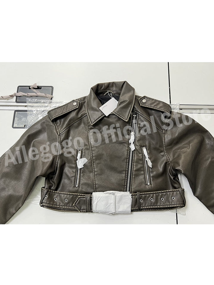 Klassische Kunstleder-Kreation - Damen Vintage Jacke mit Gürtel