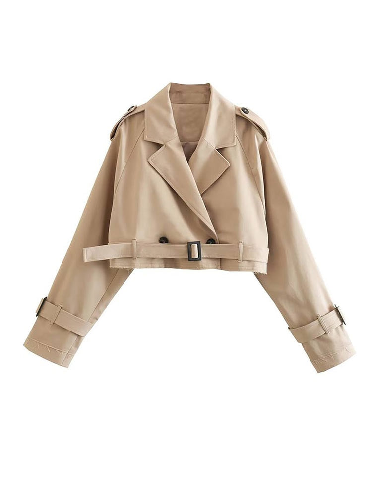 Klassischer Khaki-Kurzmantel - Damen Langarm-Cropped-Jacke mit Schickem Design