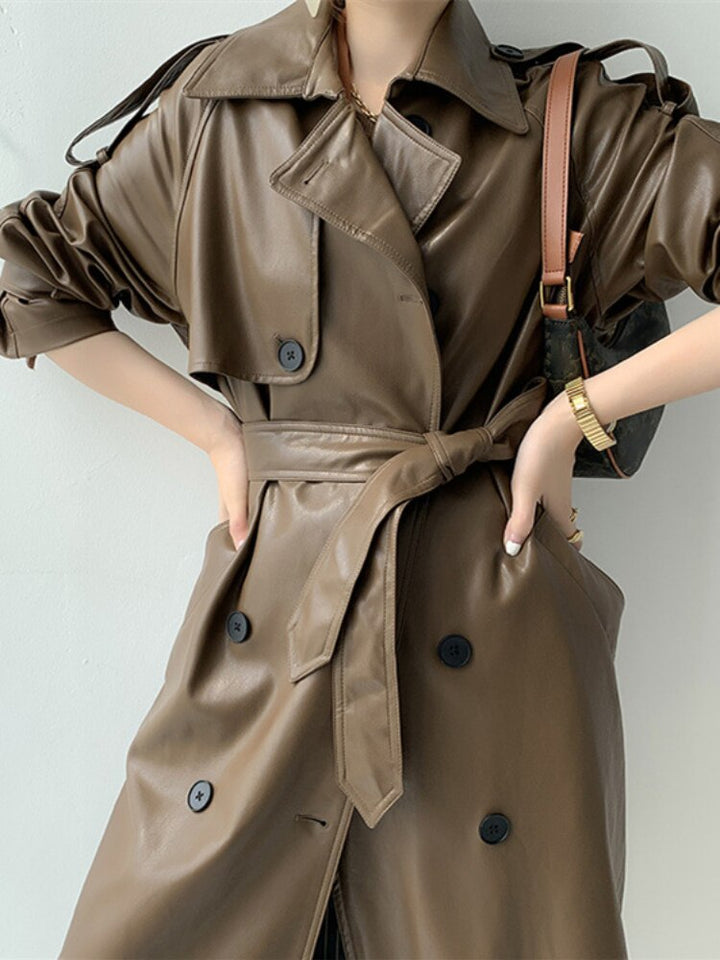 Damen Trenchcoat - Neue Mode: Langer, dünner Ledermantel in lockerer Passform