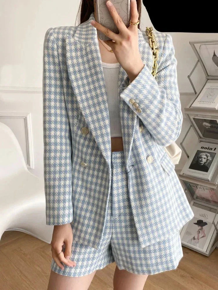 Damen Vintage Hahnentrittmuster Zweireihiger Tweed-Blazer mit aufgesetzten Taschen