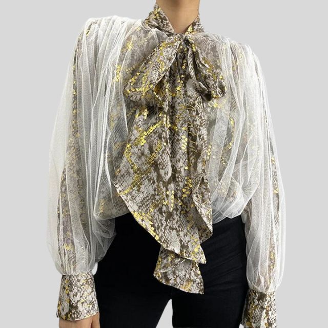 Slangenprint Mesh Blouse met Ruches