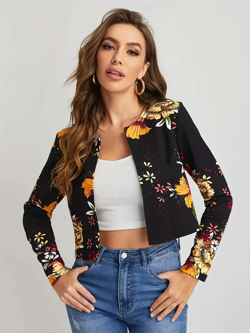 Eleganter, schlichter Blazer mit offener Front und Blumen