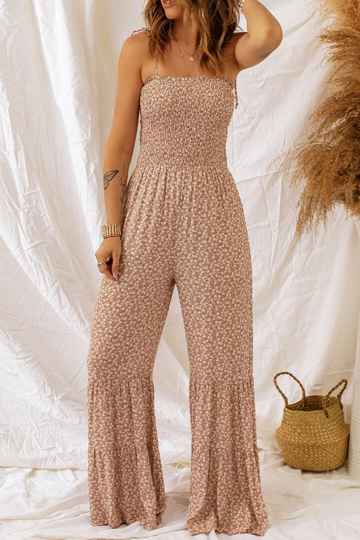 Floraler Spaghettiträger-Smocking-Jumpsuit mit weitem Bein