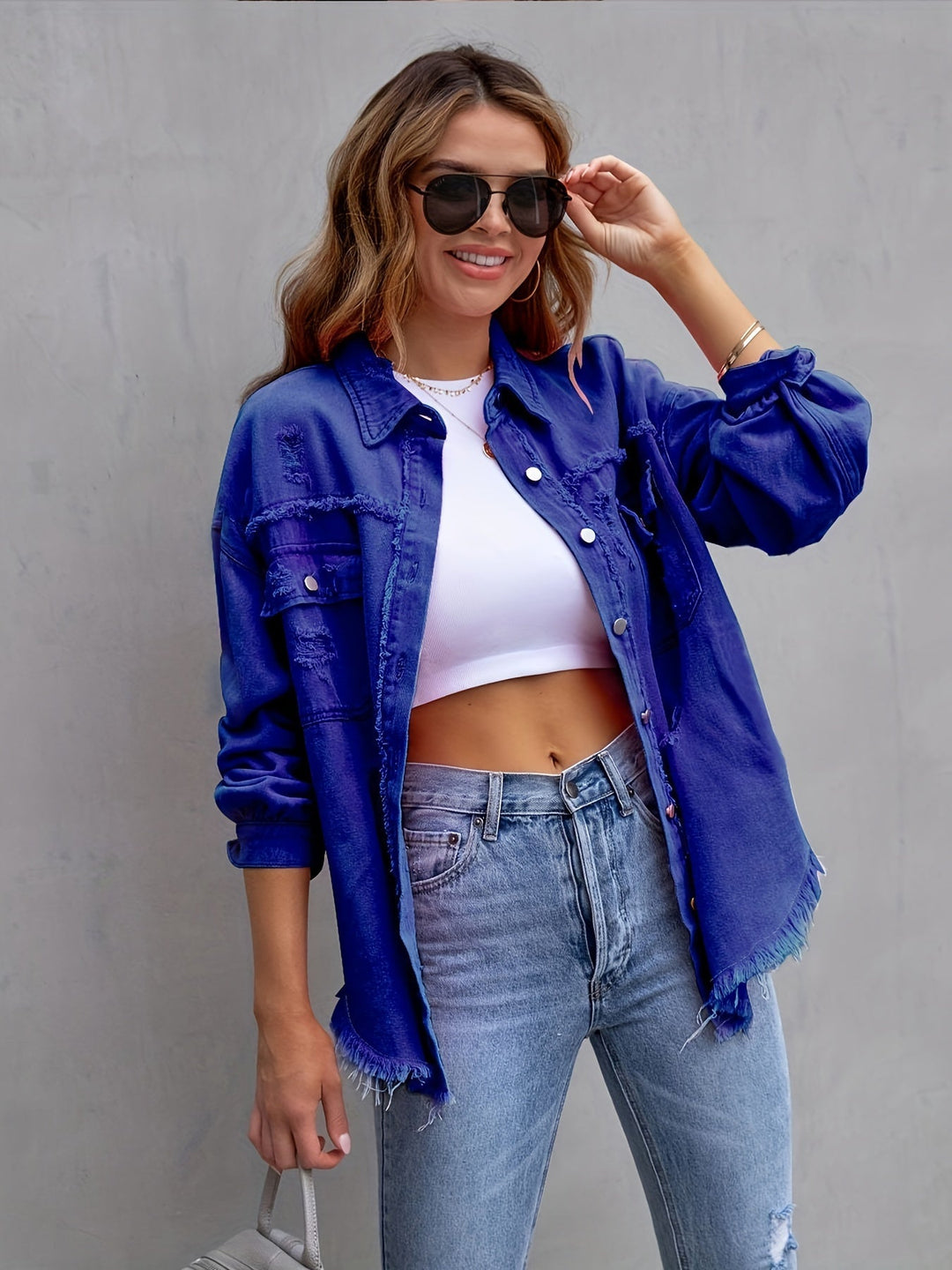 Übergroße Jeansjacke - Boho - Nicht elastisch, Unifarben, Knopfverschluss - Ideal für alle Jahreszeiten