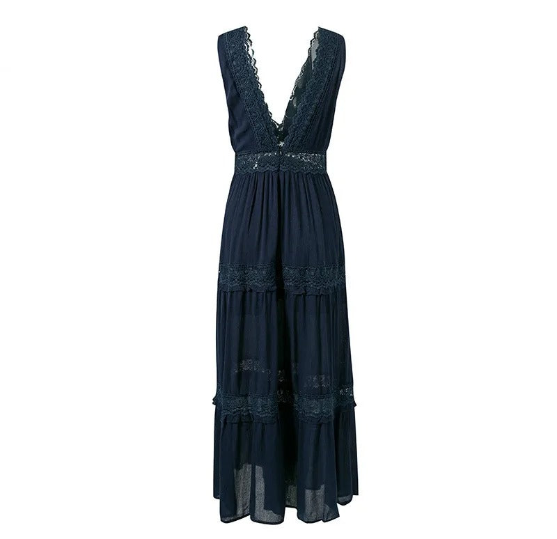 Vintage Maxikleid mit V-Ausschnitt und Spitze